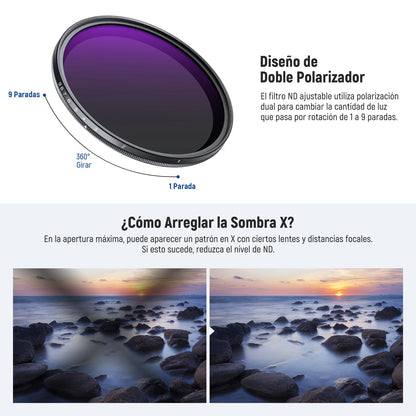 NEEWER 82mm Filtro ND Variable ND2-400 (1-9 Paradas) con Tapa de Lente, Cordón, Paño de Limpieza, Ajuste Preciso de Densidad Neutra, Vidrio Optico Multicapa Resistente a Huellas Dactilares y Rayones