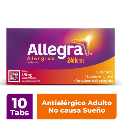Allegra Antihistamínico para Alergias Leves a Moderadas 10 tabletas 120 mg. Controla los Síntomas de la Alergia a partir de 30 Minutos. No Causa Sueño