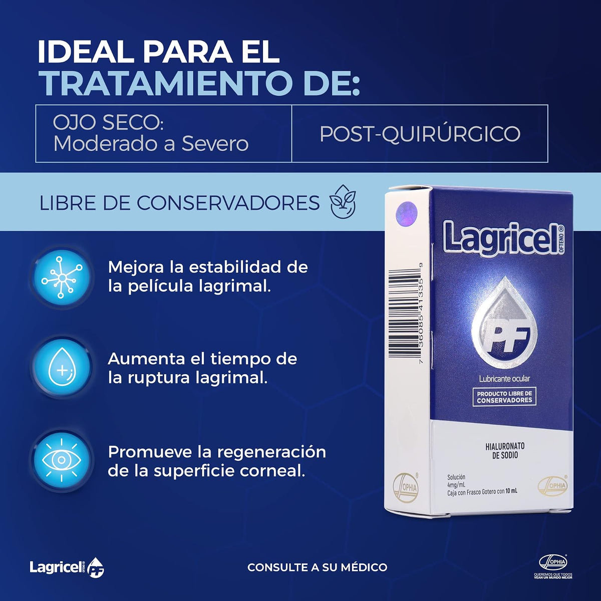 Sophia Lagricel PF Ofteno Lágrima Artificial 10 ml | Hialuronato de sodio 4 mg/ml, sin conservadores, frasco gotero, compatible con lentes de contacto