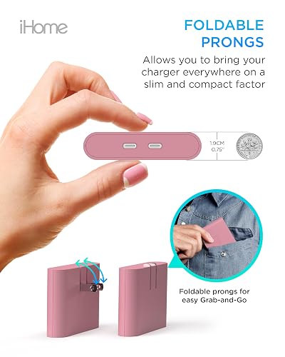 Cargador USB-C multipuerto de 36 W de iHome: Bloque de Cargador USB C Plano de 2 Puertos AC Pro, Cargador de Pared USB C Doble, Cargador de Pared USB-C Compatible con Carga rápida