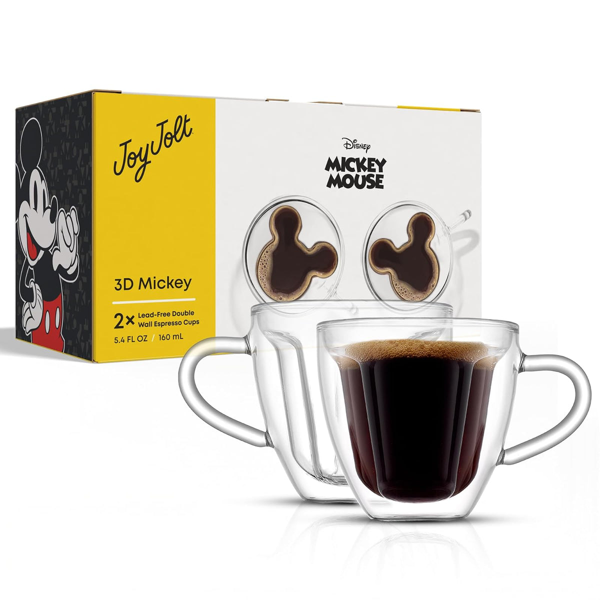 JoyJolt Disney Mickey Mouse - Juego de 2 tazas de café 3D de vidrio de 6 onzas, diseño de doble pared, tazas de café únicas
