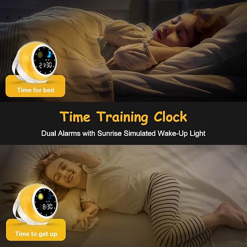 Reloj Despertador para niños para decoración de recámara, Reloj Digital para niños pequeños con Salida del Sol y Luna, máquina de Sonido de Ruido Blanco y luz Nocturna para niña/niño, Entrenador de