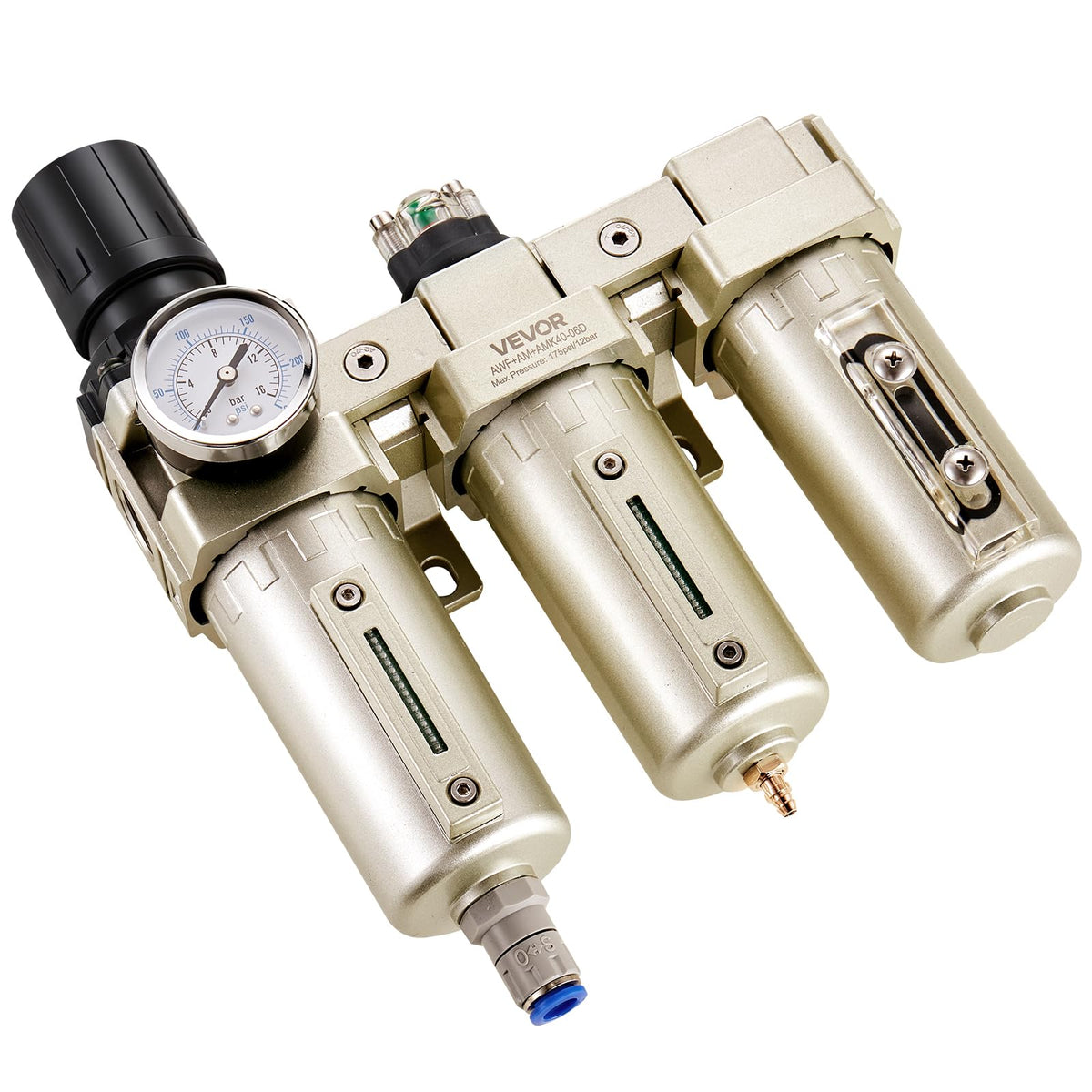 VEVOR Regulador de filtro para compresor de aire, 3/4" NPT, 3 etapas, 5 μm, 0,3 μm y 0,1 μm, sistema de secado con filtros de micrones y secador desecante, separador de agua con drenaje automático