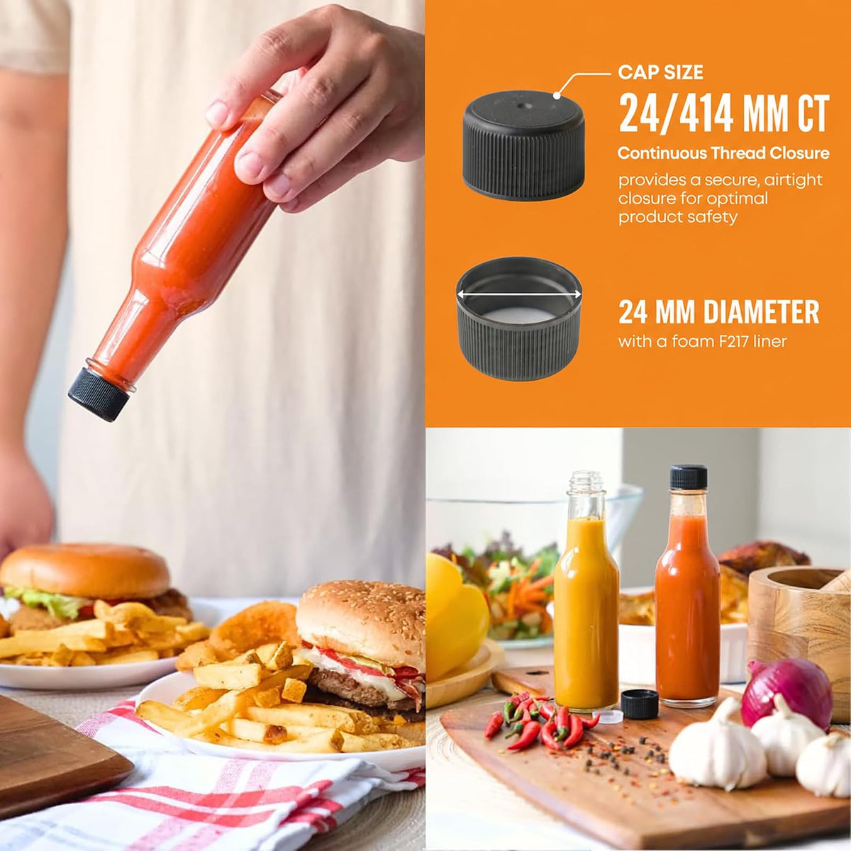 FastRack - Botellas de salsa picante Woozy de 5 onzas, paquete de 12 con tapas de plástico negro, botellas pequeñas vacías, botellas de vidrio transparente con tapa a prueba de fugas, sin gotero