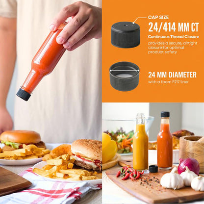FastRack - Botellas de salsa picante Woozy de 5 onzas, paquete de 12 con tapas de plástico negro, botellas pequeñas vacías, botellas de vidrio transparente con tapa a prueba de fugas, sin gotero