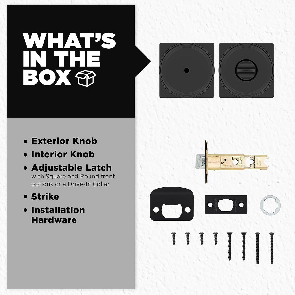 Kwikset Maven - perilla de puerta de privacidad interior con cerradura, manija de puerta cuadrada para baño y recámara, perilla de puerta sin llave negro mate, con protección Microban