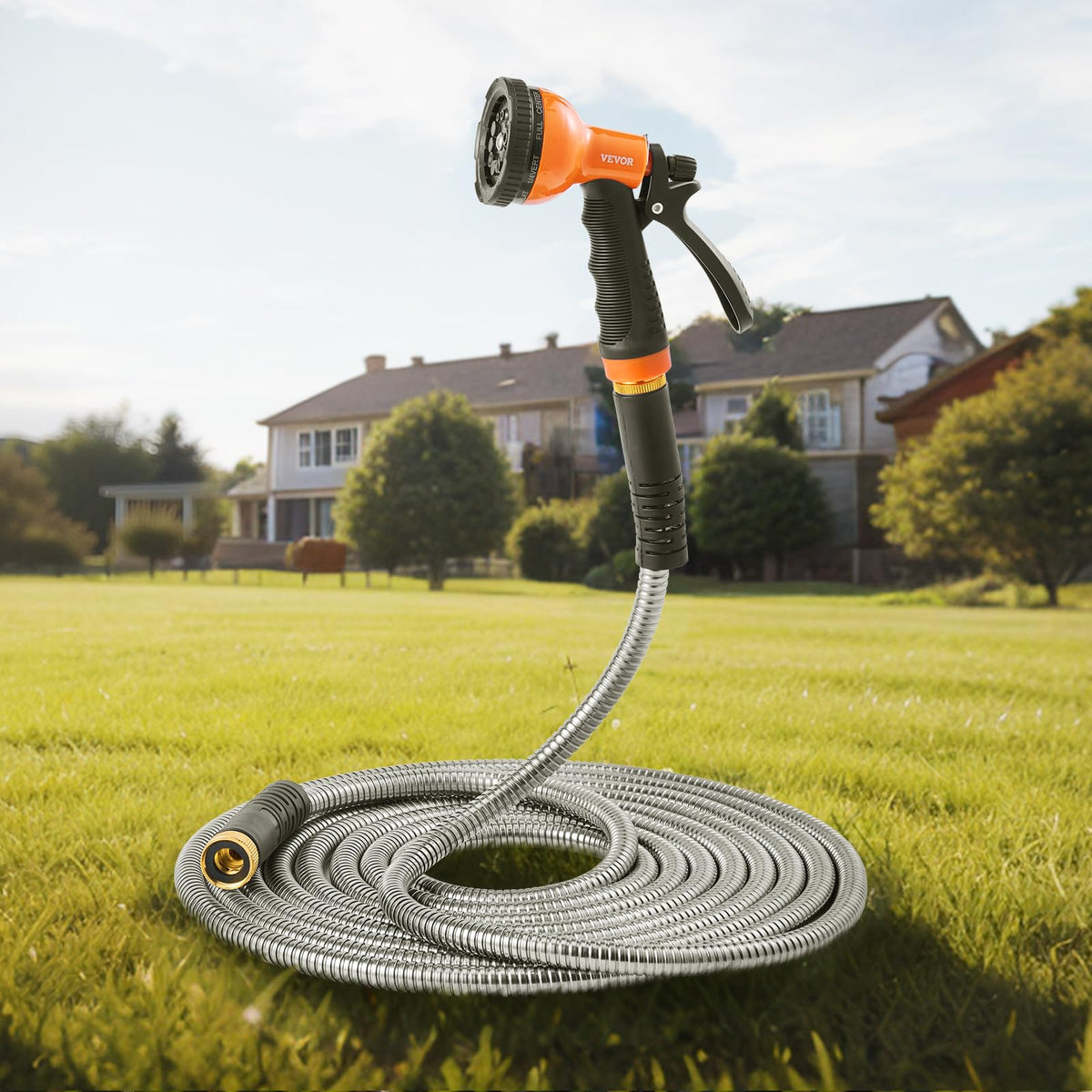 VEVOR - Manguera de jardín de metal de 100 pies, manguera de agua de acero inoxidable a prueba de óxido, manguera de agua resistente con boquilla de 10 funciones, tubo de agua flexible y sin