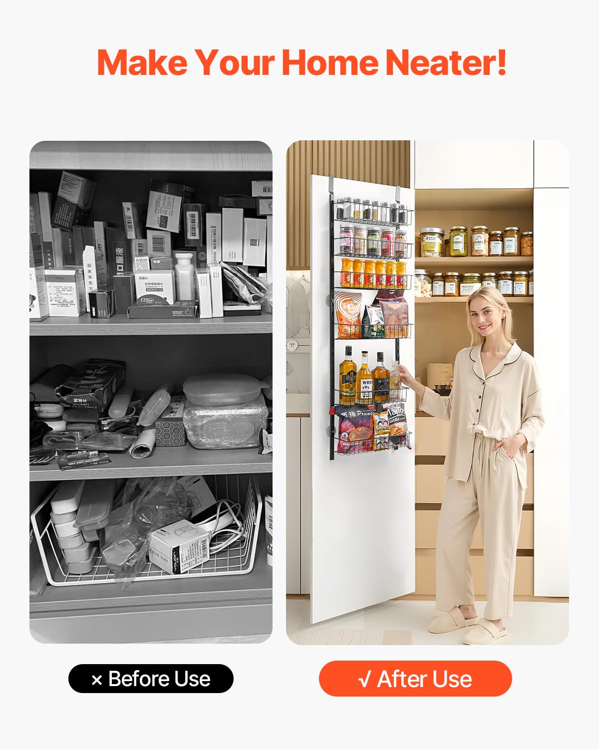 VEVOR Estante de Almacenamiento para Colgar Puerta 6 Niveles Organizador de despensa para puerta 42 x 18 x 133 cm Estante de Especias Colgante de Acero para Hogar, Cocina, Lavadero, Baño, Negro