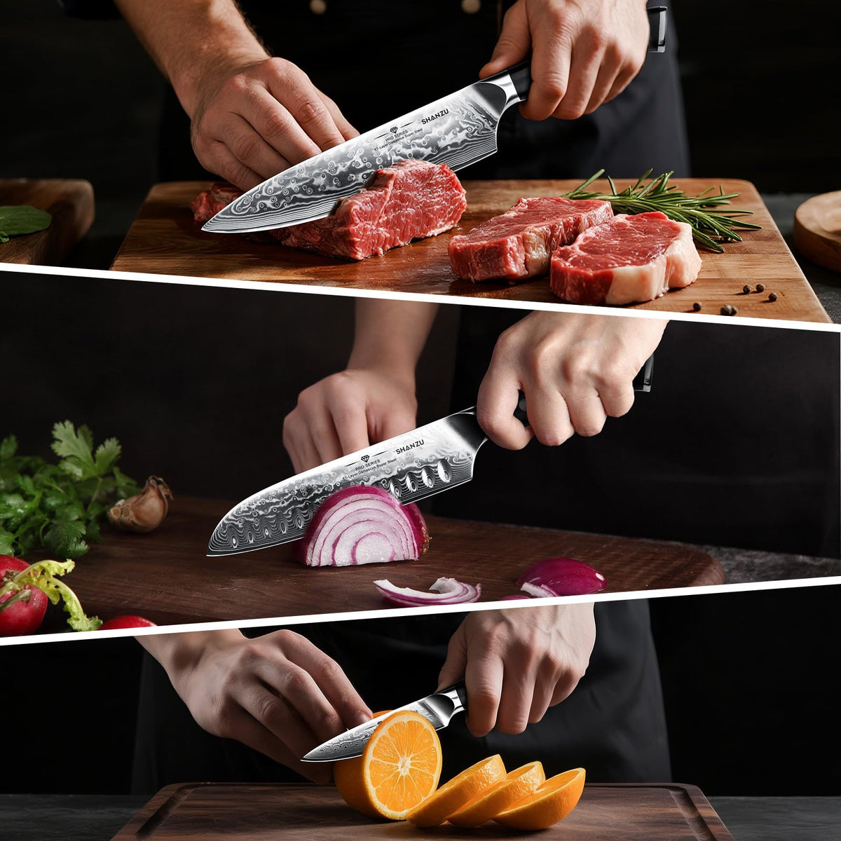 SHAN ZU 3 Piezas Juego de Cuchillo de Cocina, Set Cuchillo de Cocina Japones de Acero de 67 Capas, Cuchillo de Chef Cuchillo Santoku Cuchillo Pelador - PRO Series