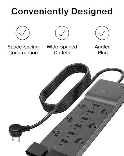 Belkin - Supresor de Picos de Corriente con 12 tomacorrientes de CA y Enchufe Plano, Cable de extensión Resistente de 2.4 MTS