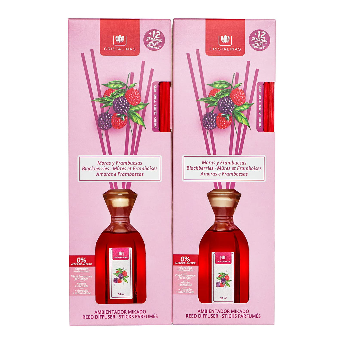 Cristalinas Ambientador de Cañas Ratán 40ml Difusor sin Alcohol - Moras y frambuesas - 2 pzas