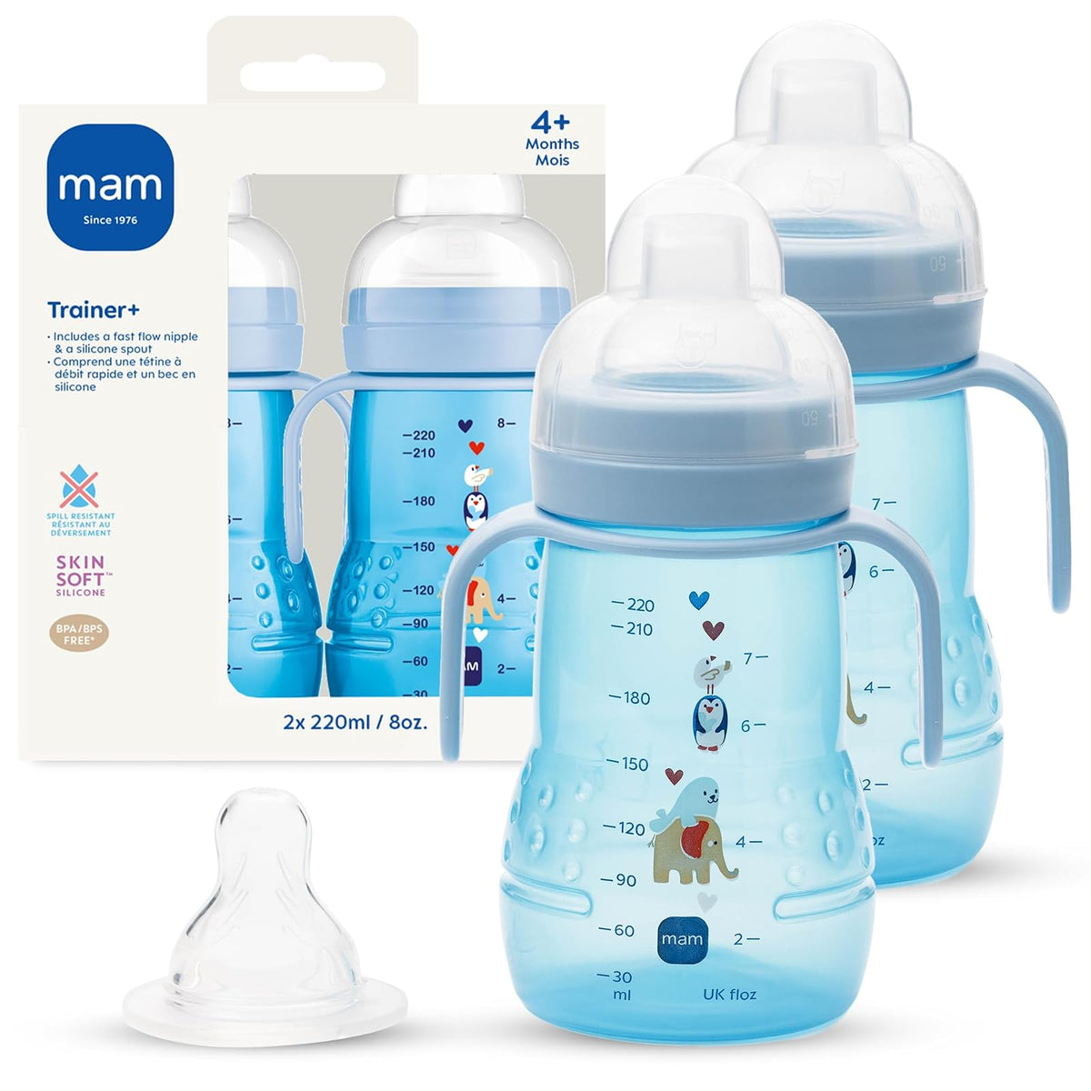 MAM Trainer - Taza para beber para niños pequeños de 1 a 3, 8 onzas, taza de transición con boquilla extra suave, pezón sin derrames y asas antideslizantes, para niños de más de 4 meses, 2 unidades