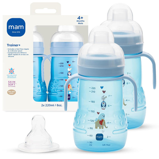 MAM Trainer - Taza para beber para niños pequeños de 1 a 3, 8 onzas, taza de transición con boquilla extra suave, pezón sin derrames y asas antideslizantes, para niños de más de 4 meses, 2 unidades