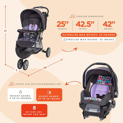 Baby Trend EZ Ride 35 Sistema de Viaje con Carriola y Asiento para Automóvil Infantil para Recién Nacidos de 1.8 a 15.9 kg, Asiento Reclinable Acolchado, Toldo Grande, Sophia