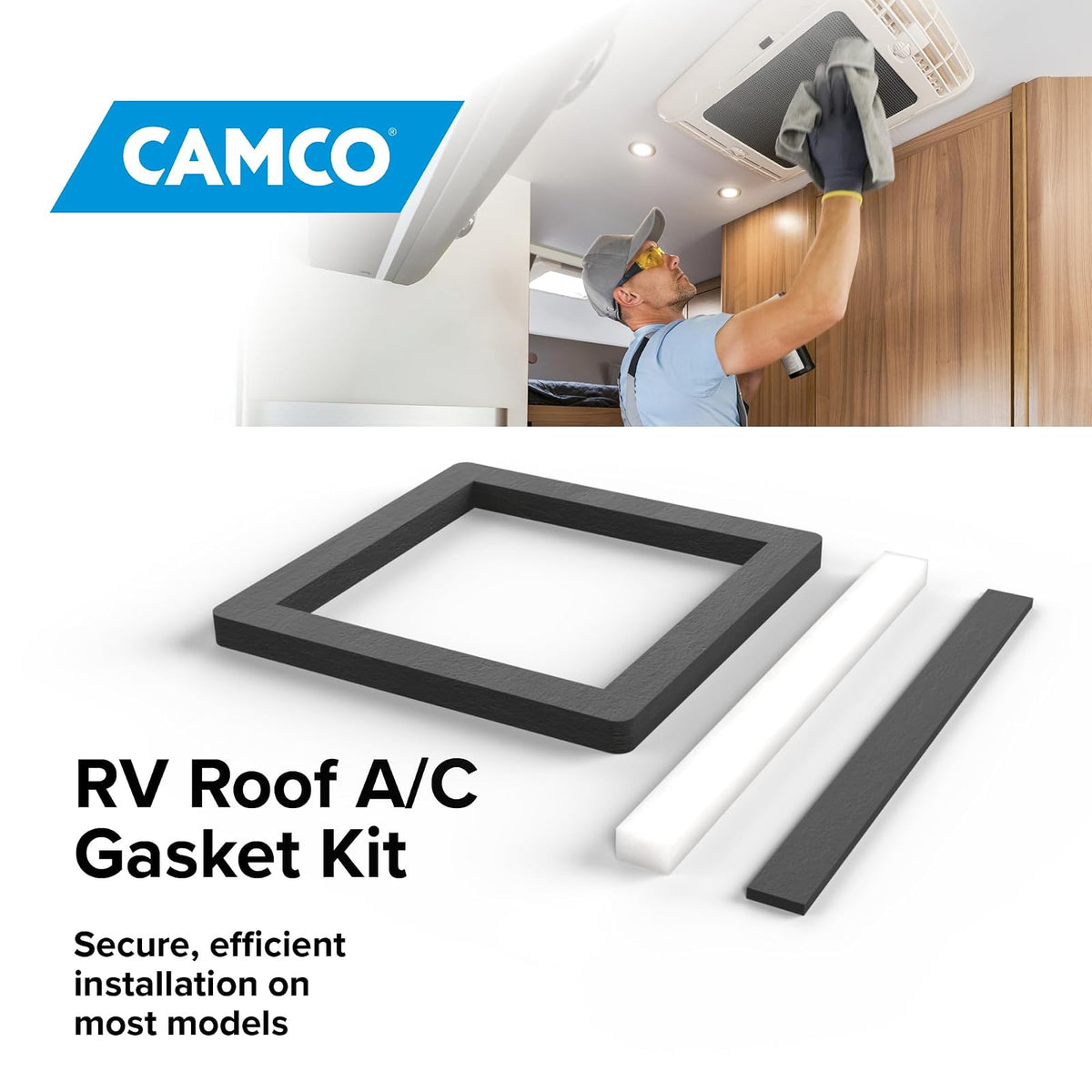 Camco 25071 - Kit de Juntas universales para Techo de Caravana de 14 x 14 Pulgadas, Cuenta con un Sello de compresión Impermeable, Junta de Marco de Fotos autoadhesiva y Almohadillas para Orejas de
