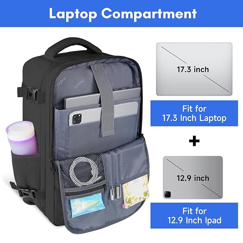 Taygeer Mochila de Viaje 10 kg Avión 40L para Hombre y Mujer, Negra | Laptop 17.3 pulgadas, apertura 180°, bolsa para zapatos, bolsillo impermeable, correa para equipaje, negocios y escapadas