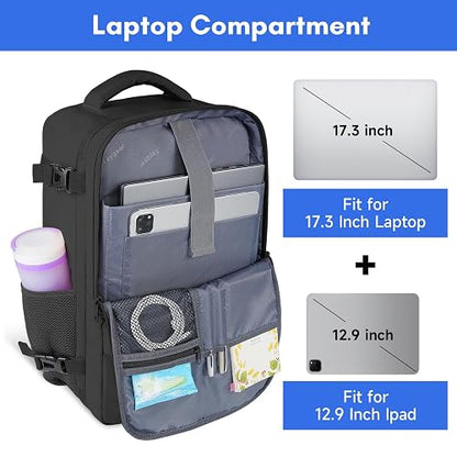 Taygeer Mochila de Viaje 10 kg Avión 40L para Hombre y Mujer, Negra | Laptop 17.3 pulgadas, apertura 180°, bolsa para zapatos, bolsillo impermeable, correa para equipaje, negocios y escapadas