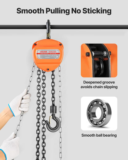 VEVOR Polipasto de Cadena Manual, Polipasto de Polea Resistente con Cadena Galvanizada G80 Mejorada, Altura de Elevación de 3 m Carga de 0,5 T para Garaje, Almacén y Maquinaria Automotriz, Naranja