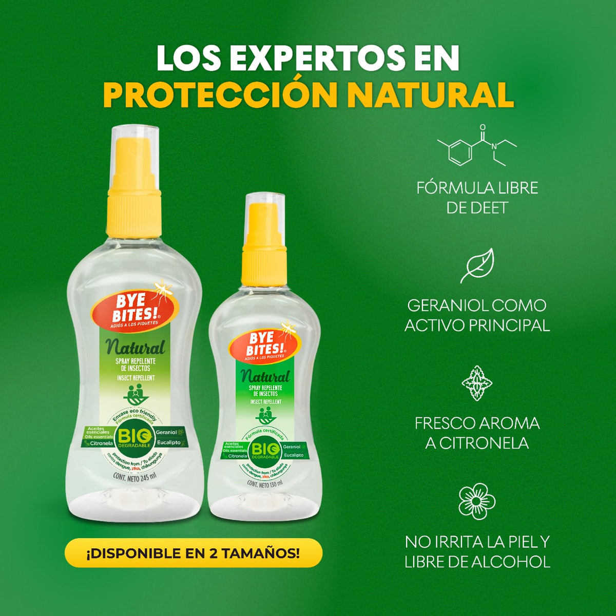 BYE BITES Repelente de Mosquitos NATURAL en Spray - Con Geraniol, Citronela y Eucalipto, Fórmula Natural y Biodegradable - En DUOPACK de 130 ml c/pieza - Protégete de los Insectos