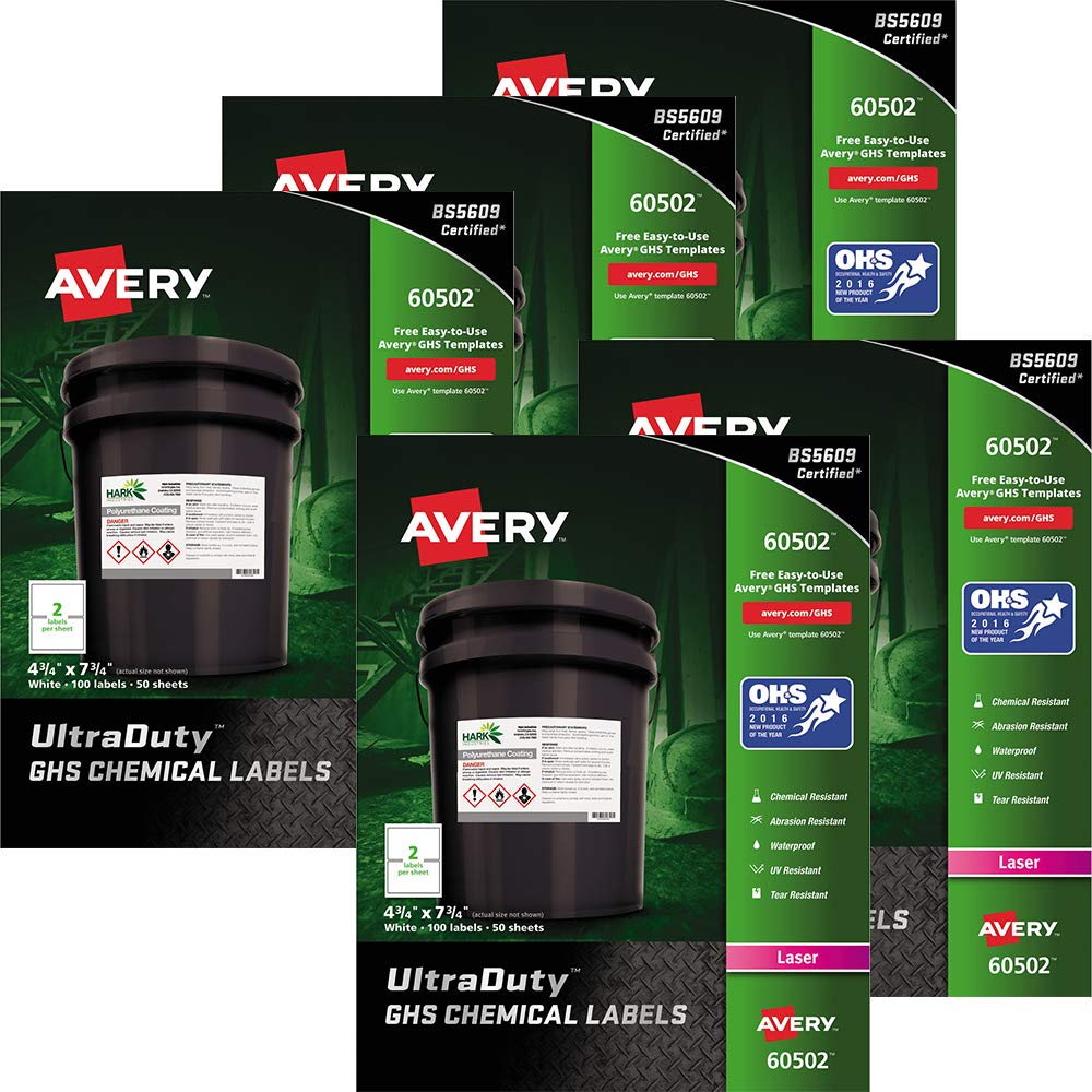 Avery UltraDuty GHS Etiquetas químicas para impresoras láser, impermeables, resistentes a los rayos UV, 4.75 x 7.75, 5 paquetes (60502)
