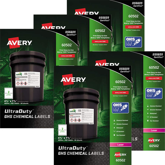Avery UltraDuty GHS Etiquetas químicas para impresoras láser, impermeables, resistentes a los rayos UV, 4.75 x 7.75, 5 paquetes (60502)