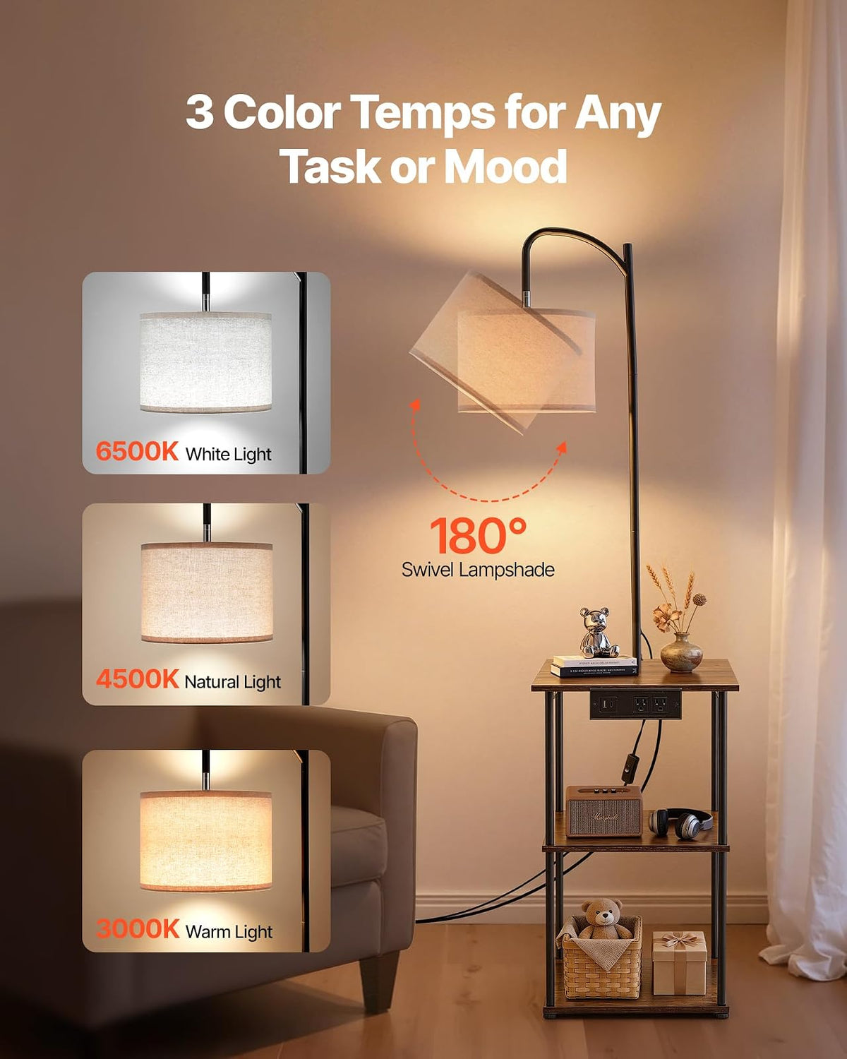 VEVOR Lámpara de Pie con Mesa, Mesa Auxiliar Estrecha de 3 Niveles con Estantes Abiertos e Iluminación de 3 Temperaturas de Color, con Puerto de Carga USB, Tipo C y CA para Sala de Estar, Dormitorio