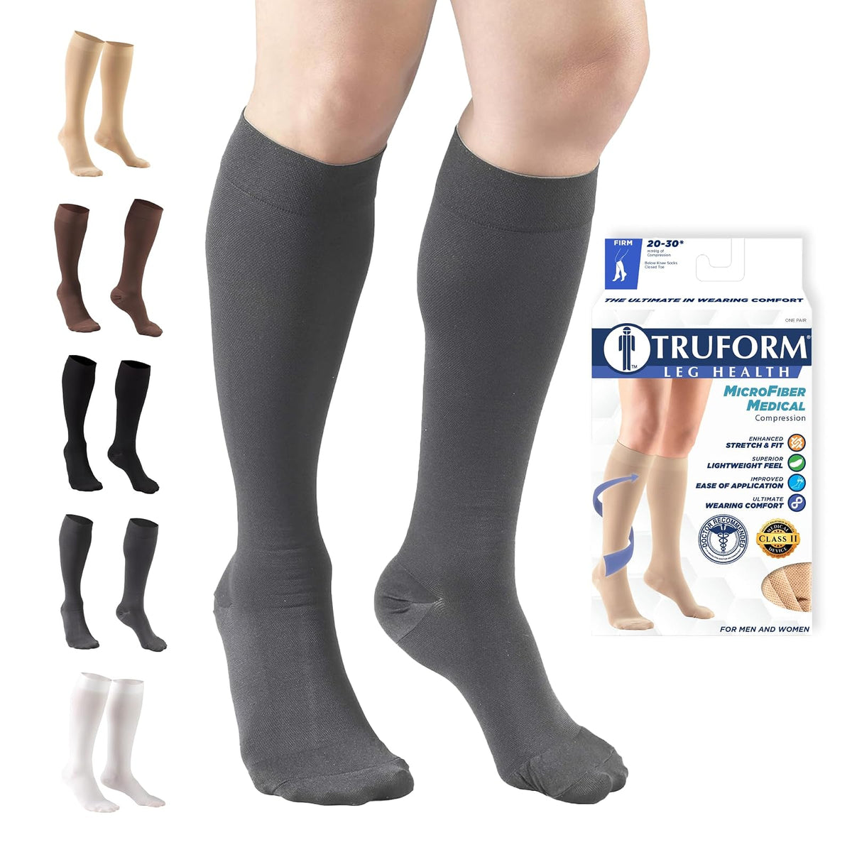 Truform Medias de Compresión 20-30 mmHg, Hasta la Rodilla, Punta Cerrada - Gray - X-Large