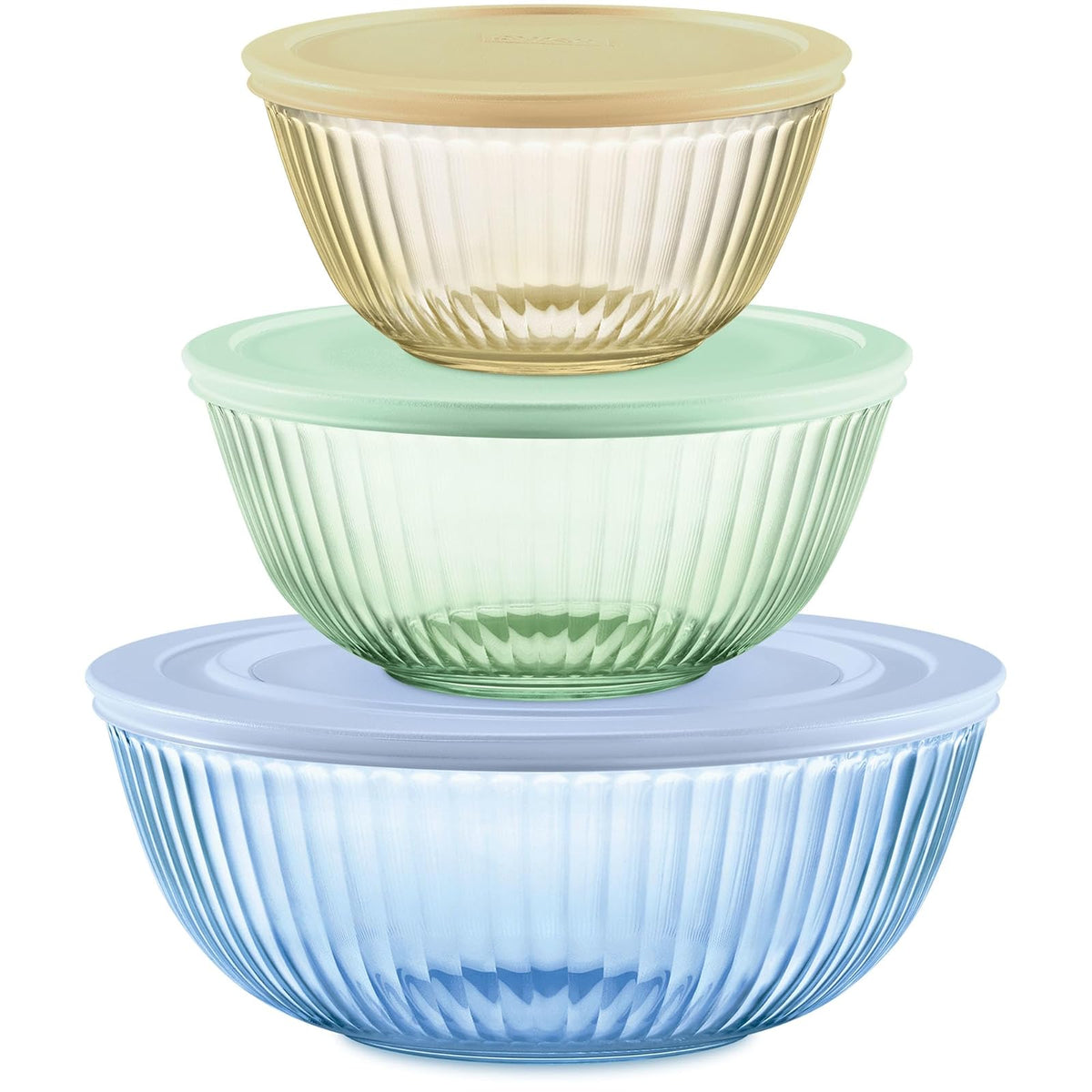 Pyrex Colors - Juego completo de 6 piezas, cuencos para mezclar de vidrio pequeños/medianos/grandes con tapas, juego de cuencos para ahorrar espacio para preparar y hornear, 1.3QT, 2.3QT y 4.5QT