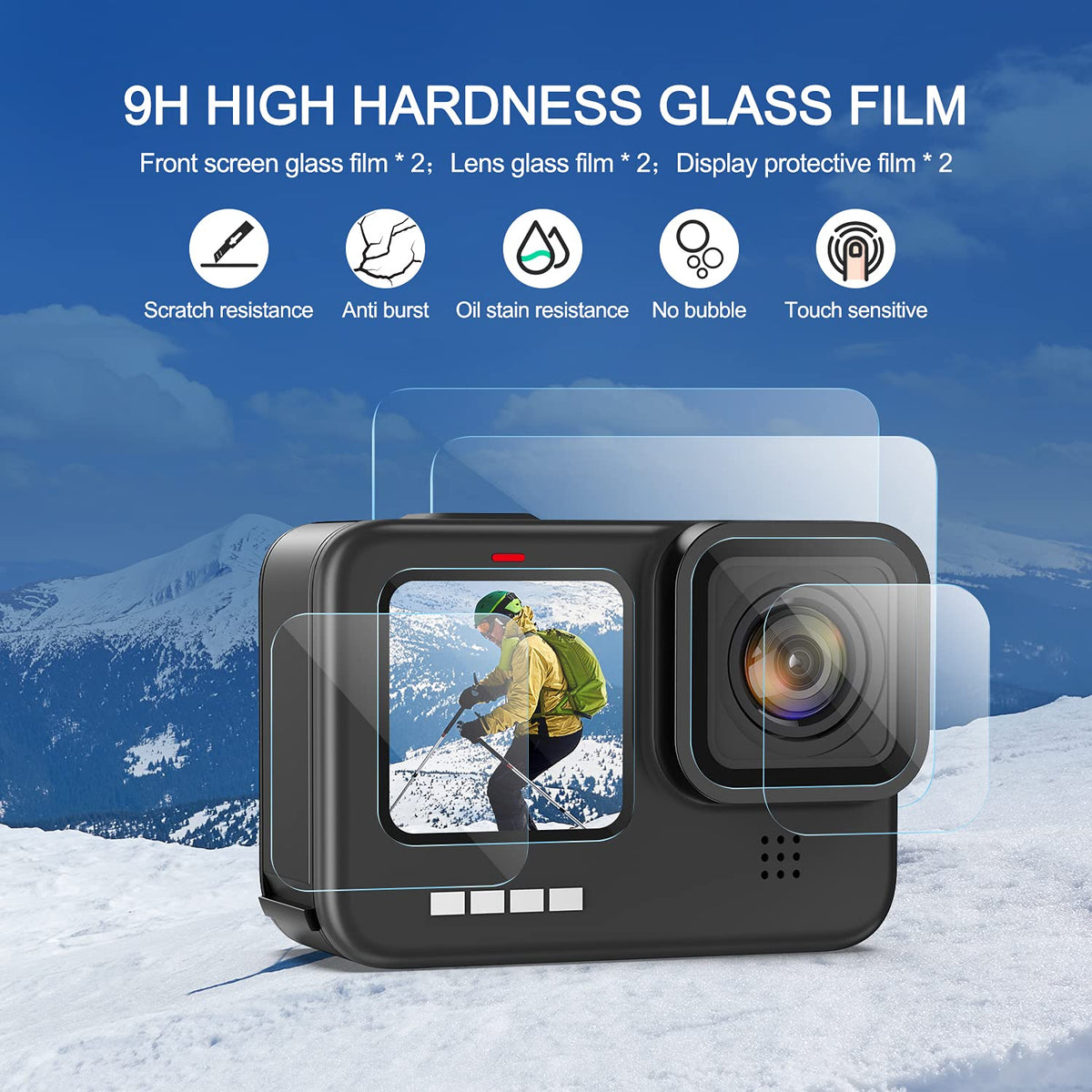 Kuptone Funda de silicona para GoPro Hero 11 Hero 10 Hero 9, 6 protectores de visualización de vidrio templado + puerta lateral + tapas de lente para Go Pro Hero 11/10/9 Kit de accesorios
