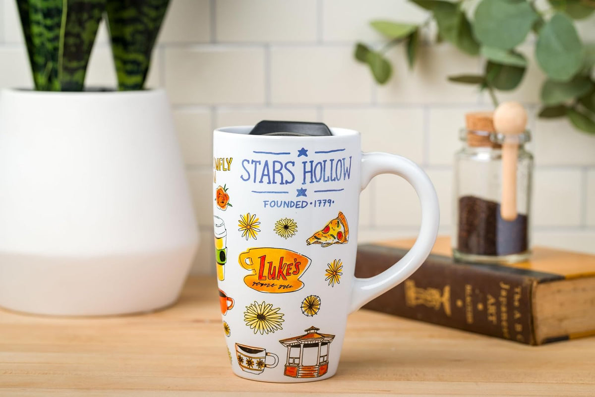 Silver Buffalo Gilmore Girls Stars Hallow Destination - Taza de viaje de cerámica de 16 onzas con tapa