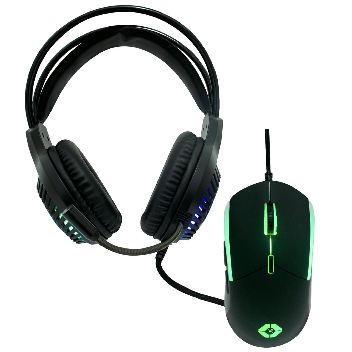PERFECTCHOICE Kit Audifonos Alámbricos y Mouse Gamer Luz RGB V-930648 Negro Raito VORTRED