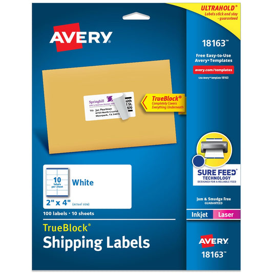 Avery Shipping Labels for Laser and Inkjet Printers, White, 2 x 4 Inches, Pack of 100 (18163)