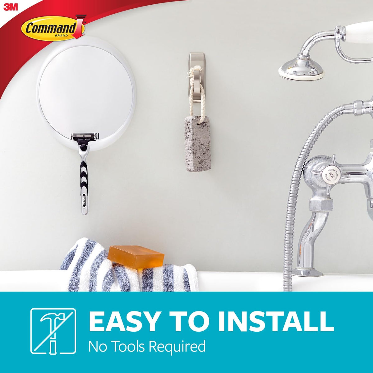 Command moderna Reflexiones gancho de metal para baño, pequeña, níquel satinado, 1-hook con tiras resistentes al agua (mr01-sn-bes), Large, Bath - Satin Nickel