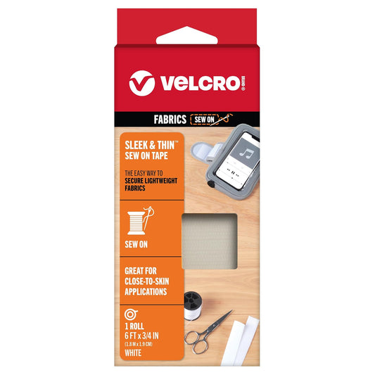 Velcro Marca Elegante y Delgada para Telas, Cinta de 6 pies x 3/4 Pulgadas, Color Blanco, Suave en la Piel, Ultra Ligera con tecnología de Carril de Costura