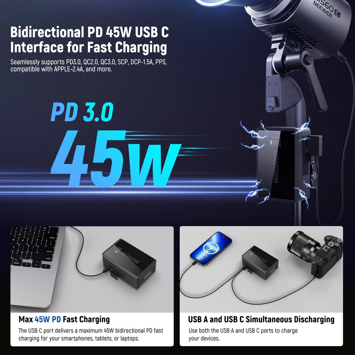 NEEWER Mini V Mount Battery con D Tap/USB C/USB A/BP/Puertos DC Dobles/Pantalla OLED, 3450mAh 50Wh 14.54V V V Lock Batería Soporta 45W PD Carga Rápida para Monitor de Cámara Luz de Video, PS050E