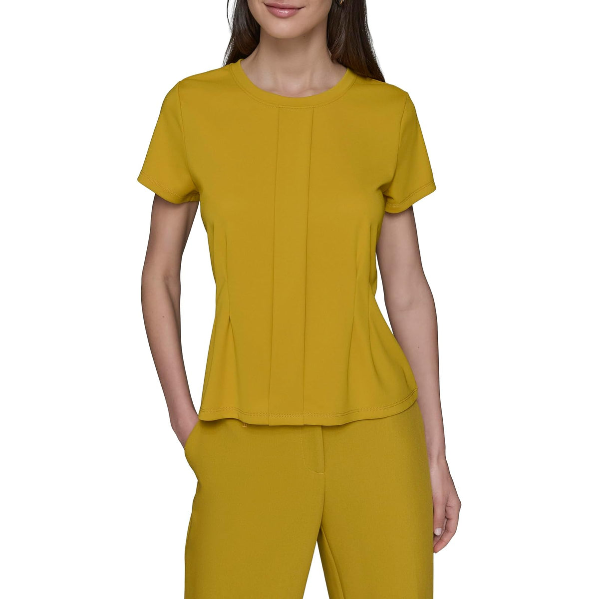 Karl Lagerfeld - Blusa Peplum de Manga Corta con Cuello Redondo y Plisado para Mujer, Dorado (Gold Flake)