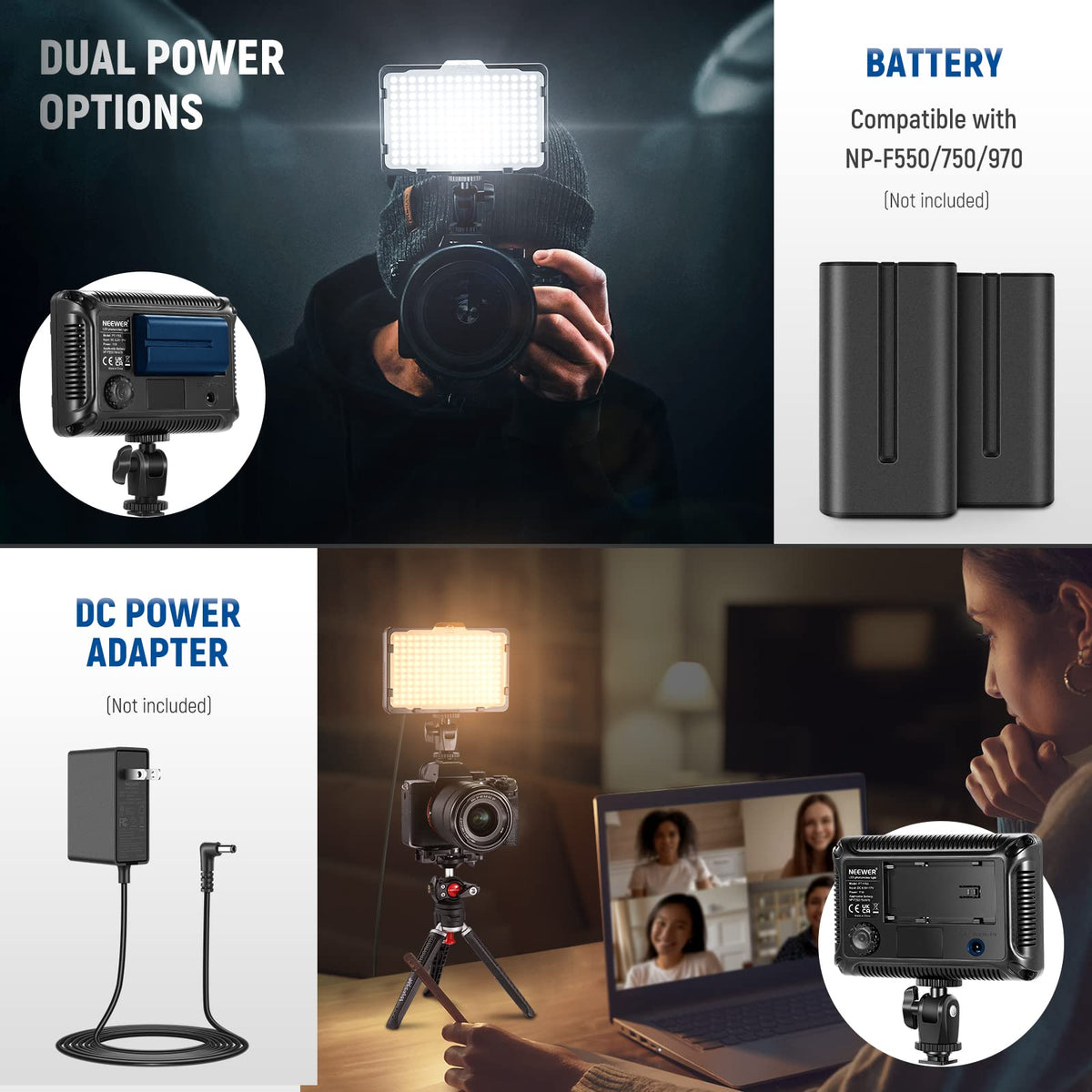 NEEWER on Camara Luz de Video Foto Regulable 176 LED Panel con 1/4" Rosca | Compatible con Nikon Sony y Other DSLR Camaras, 5600K (Bateria Not Included)