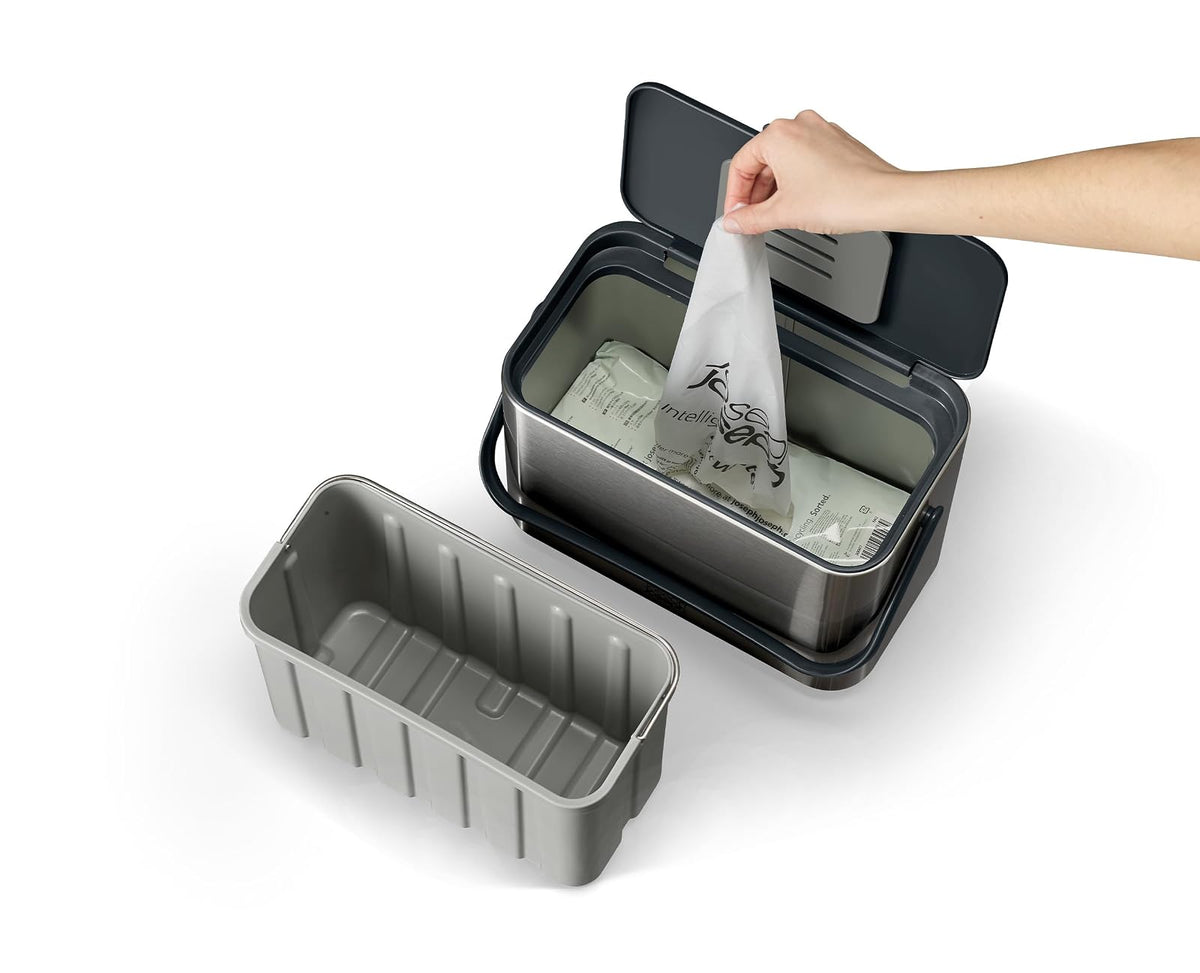 Joseph Joseph Collect cubeta de compostaje de Alimentos de Acero Inoxidable de 1.06 galones con asa, cubeta Interior extraíble y Almacenamiento de Forros de contenedor, Incluye Filtro de olores y 3