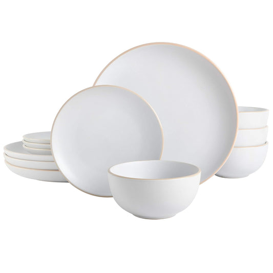 Gibson Home Rockaway Juego de vajilla redonda de gres de 12 piezas, servicio para 4 platos y cuencos blancos, acabado mate moderno, apto para microondas y lavaplatos