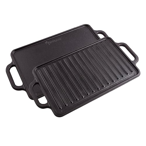 Victoria - Plancha rectangular reversible de hierro fundido para dos quemadores, sazonada con aceite de linaza con certificación 100% kosher sin OMG, 33 x 21 cm, color negro