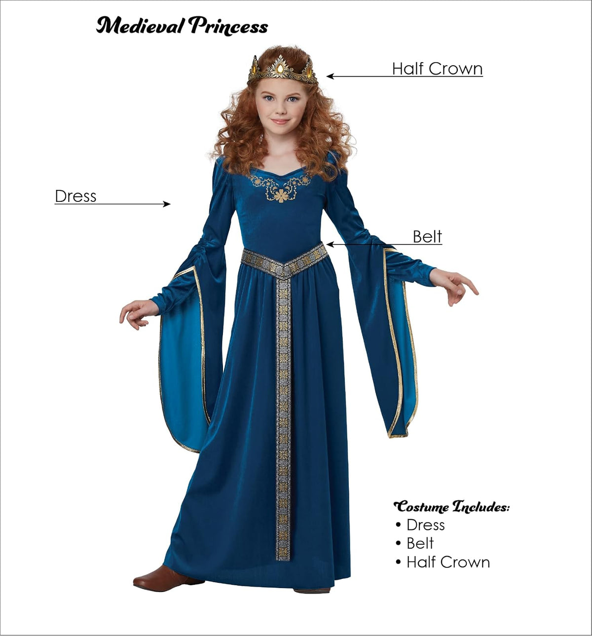 California - Disfraz de princesa medieval, disfraz infantil, talla XS
