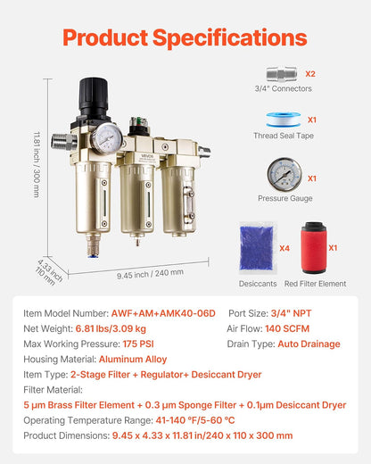 VEVOR Regulador de filtro para compresor de aire, 3/4" NPT, 3 etapas, 5 μm, 0,3 μm y 0,1 μm, sistema de secado con filtros de micrones y secador desecante, separador de agua con drenaje automático