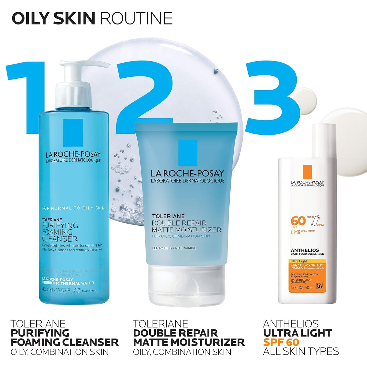 La Roche-Posay - Crema hidratante facial mate de doble reparación Toleriane, humectante en gel diario para controlar la piel grasa con niacinamida, sin aceite