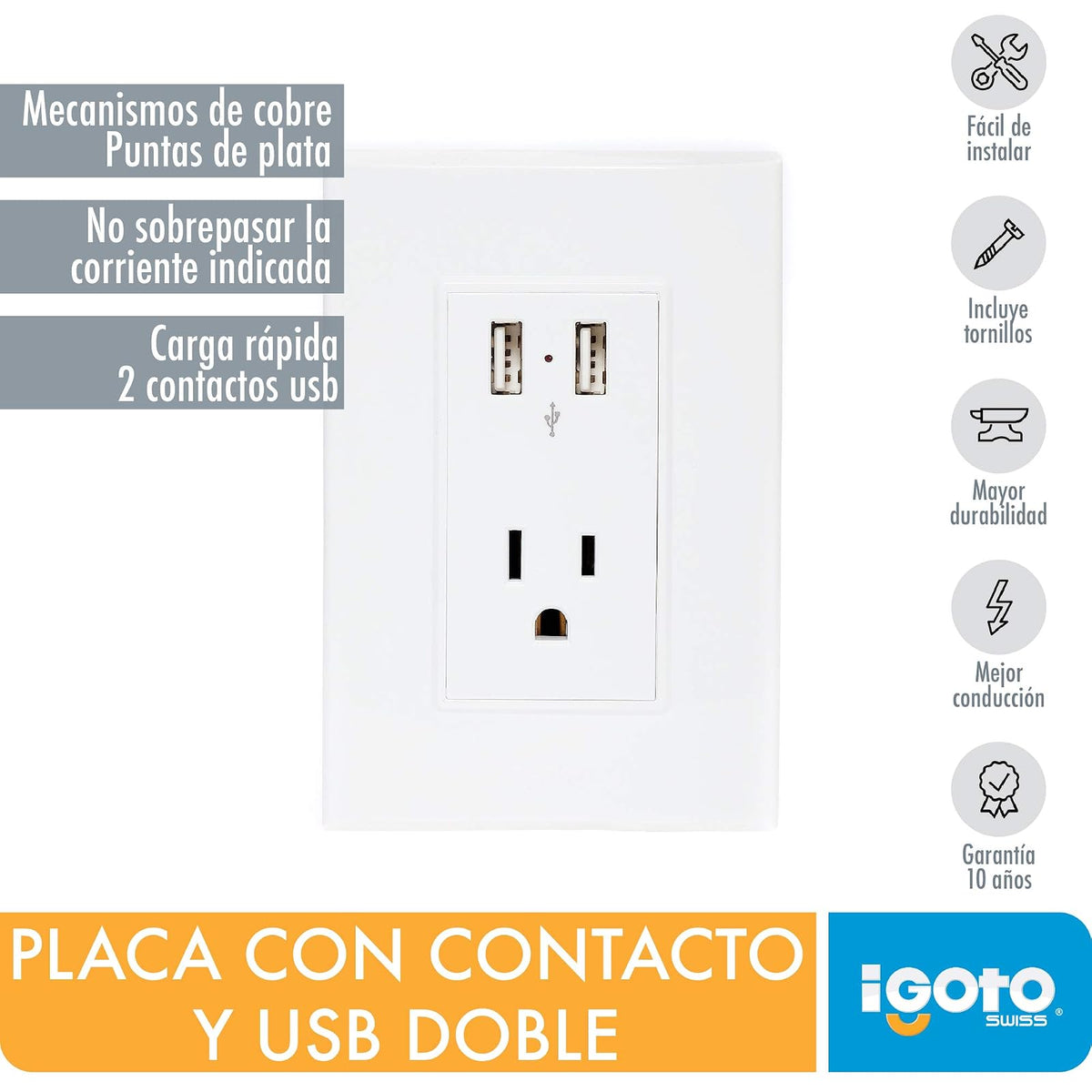 iGOTO PB106UL-B Contacto doble con USB y Placa Sencilla