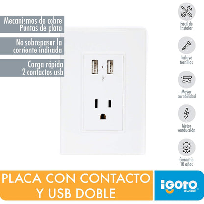 iGOTO PB106UL-B Contacto doble con USB y Placa Sencilla