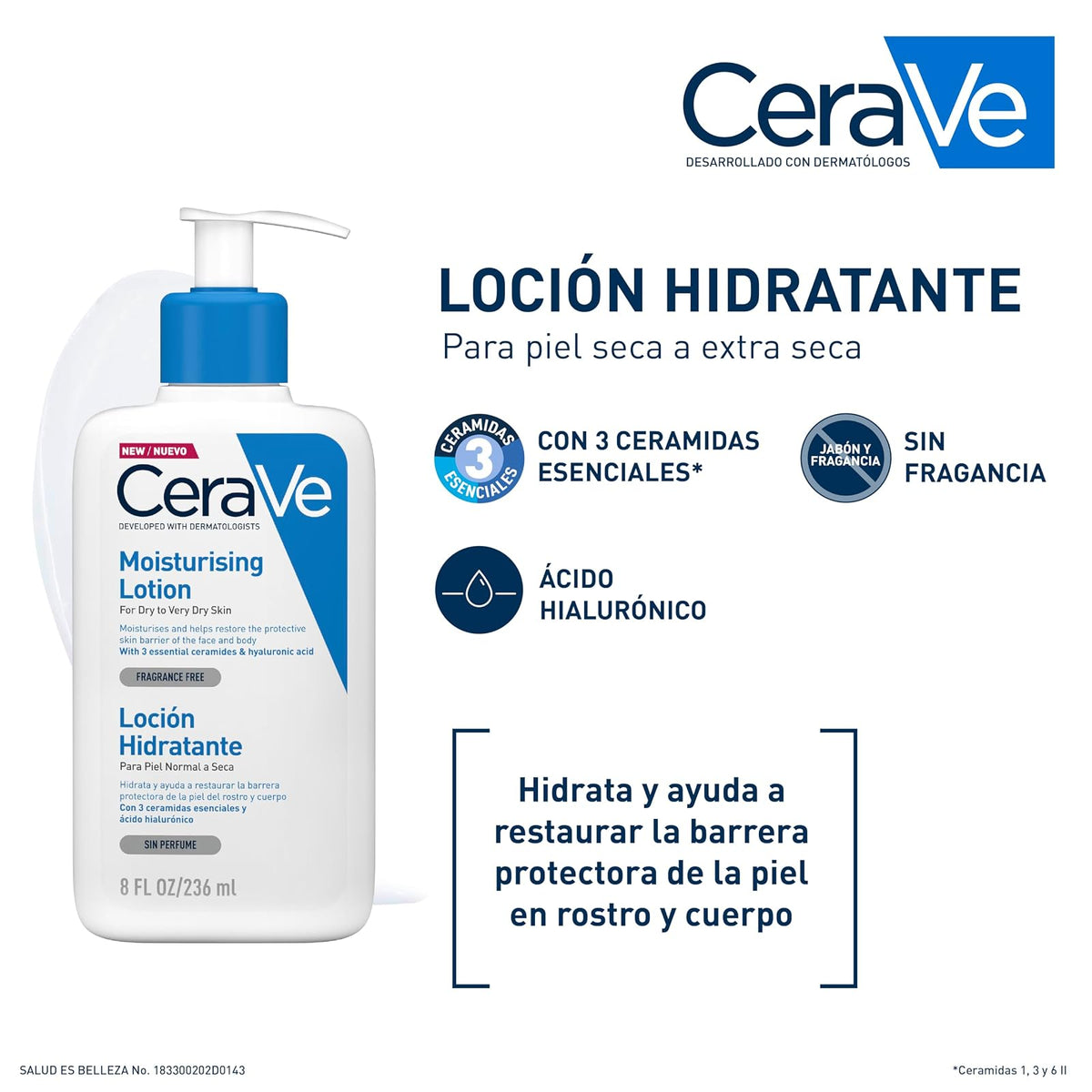 CeraVe Loción Hidratante de Rostro y Cuerpo para Piel Seca con Ácido Hialurónico 236ml