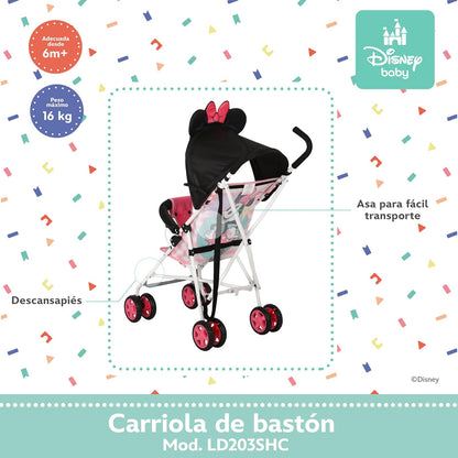 INFANTI | Carriola de Bastón Disney | Edición Minnie | Diseño Ligero y Compacto | Plegado Fácil y Correa de Transporte | Para Bebés de 6 Meses a 16 kg | Arnés de 3 Puntos | Color Rosa