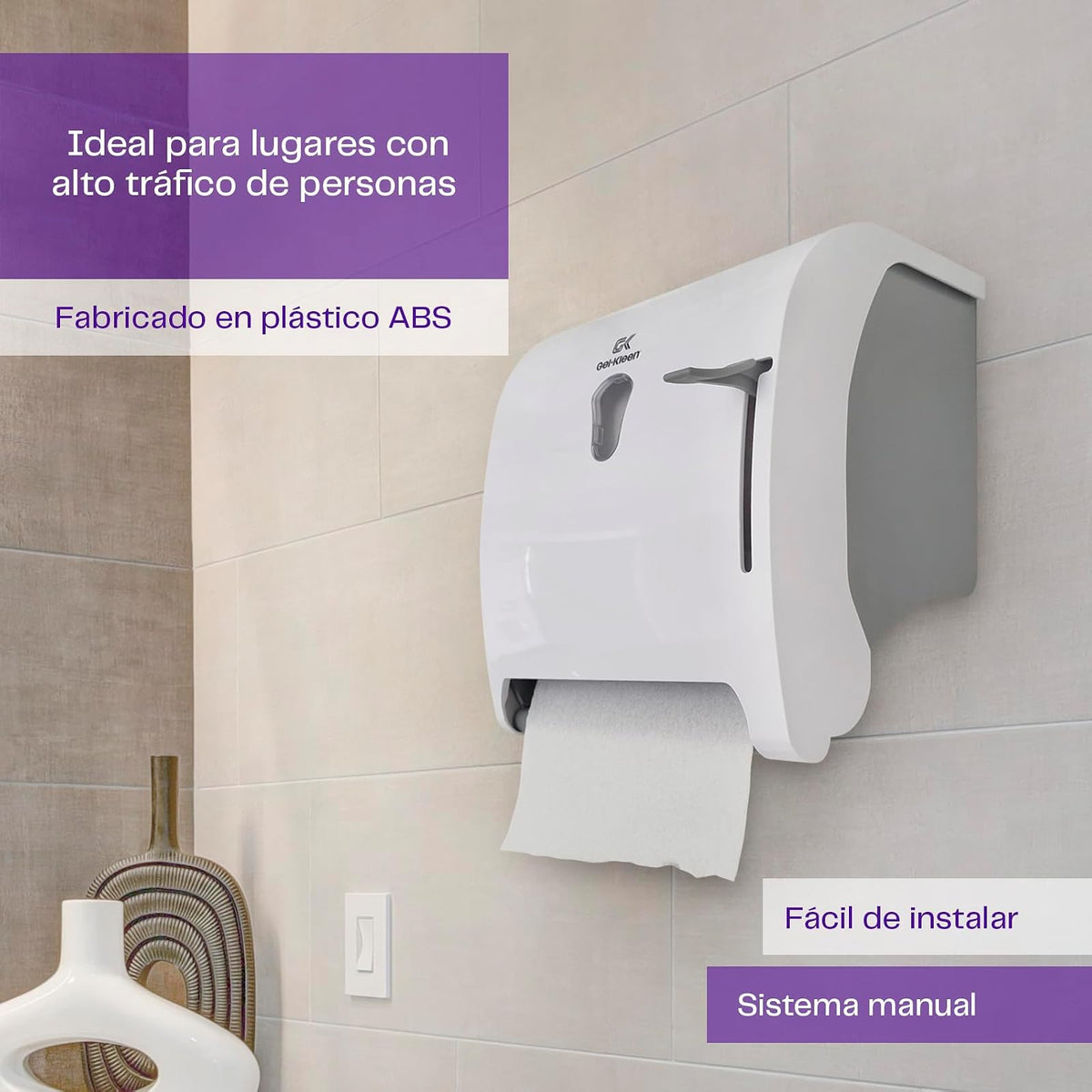 Gel-Kleen Despachador de Toalla en Rollo Premium Blanco para Pared - Dispensador Institucional de Plástico ABS Uso Rudo con Palanca para Rollo de Hasta 180m, Ideal para Baño, Cocina, Negocio y Oficina