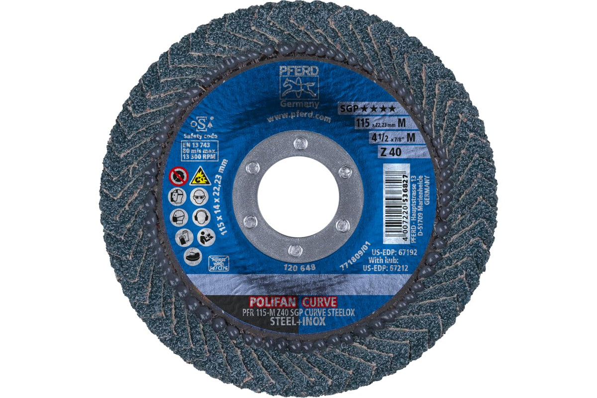 PFERD POLIFAN® - Disco de aleta de tipo radial curva, 4-1/2 x 7/8 pulgadas, circonita de grano 40, accesorio de soldadura y accesorio de amoladora angular - para molienda de acero y acero inoxidable