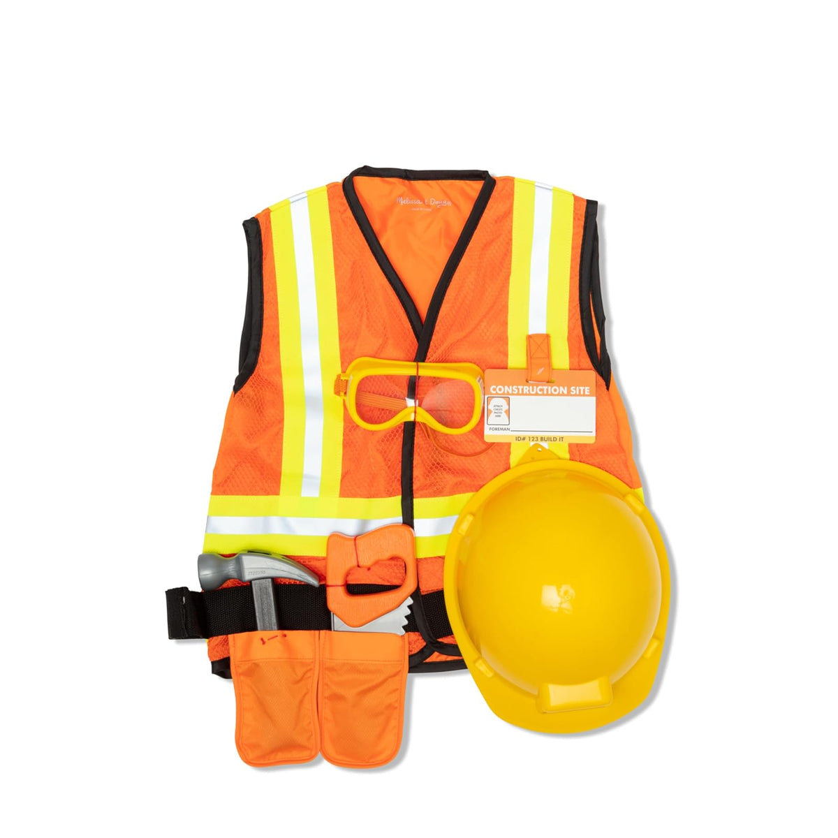 Melissa & Doug Disfraz De Obrero De La Construcción | 6 piezas, construcción de juego de simulación, chaleco, sombrero duro, herramientas para niños, cinturón, sierra, martillo